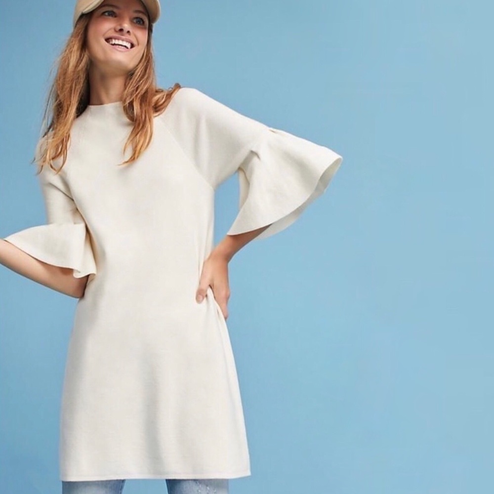 Anthropologie Ivory Flare Sleeve Mini Dress